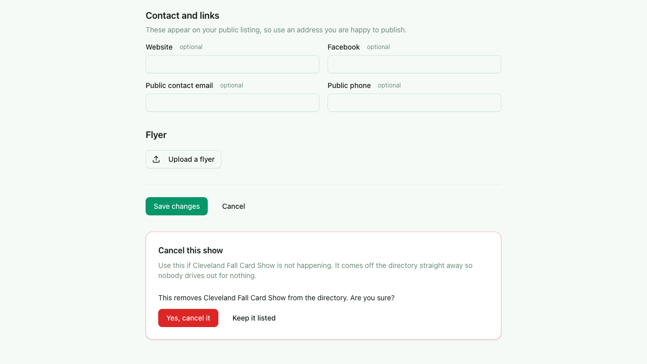 The Cancel this show card asking for confirmation, with Yes cancel it and Keep it listed buttons