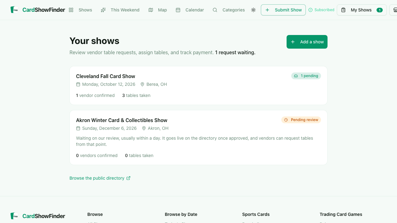 The organizer console listing two shows: a live one in Berea, Ohio with a green badge reading one pending, and one in Akron marked Pending review with a note that it goes live once approved