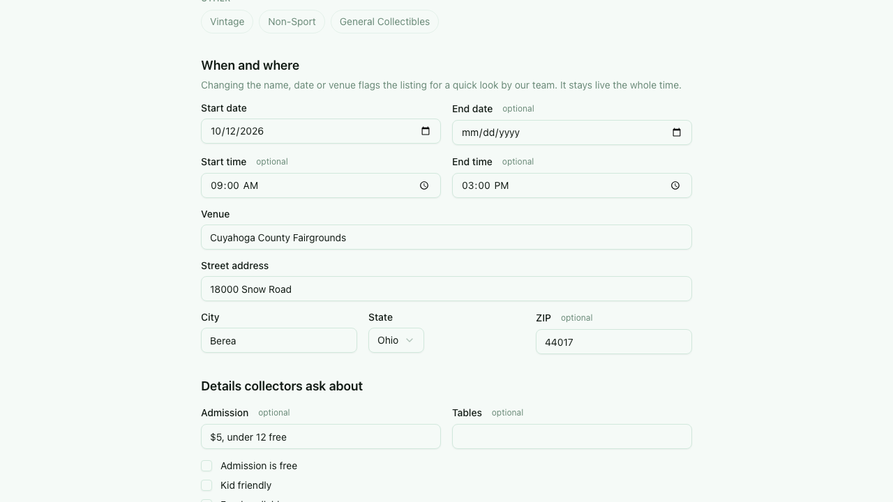 The When and where section of the edit form, noting that changing the name, date or venue flags the listing for a quick look while it stays live