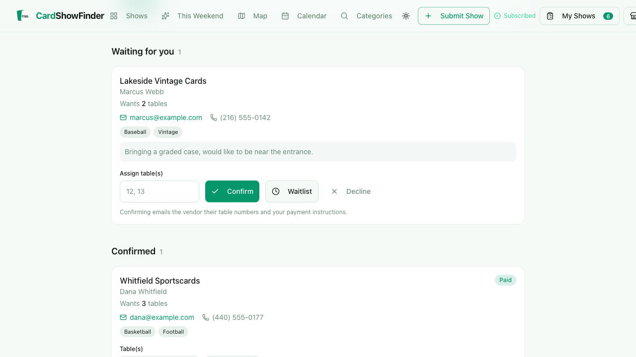 A waiting table request with Confirm, Waitlist and Decline buttons and a field to assign table numbers, above a confirmed vendor marked Paid